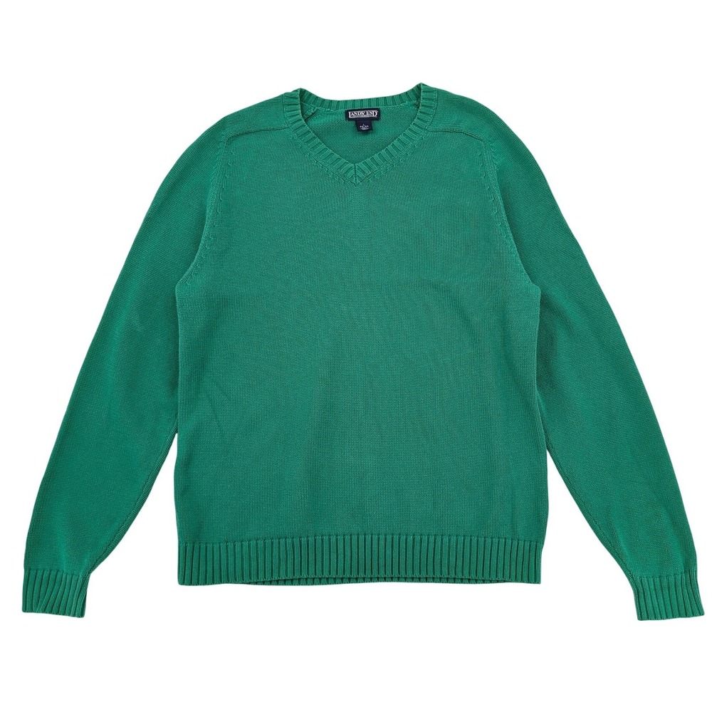 Lands' End Cotton Sweater Mens L Green V Neck Made in Japan Preppy Knit 90s VTG